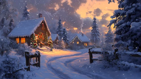 Snowy holiday cabins glow with warm winter cheer at dusk
