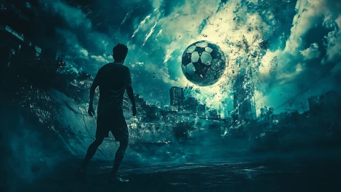Surreal urban soccer scene with exploding cosmic ball.