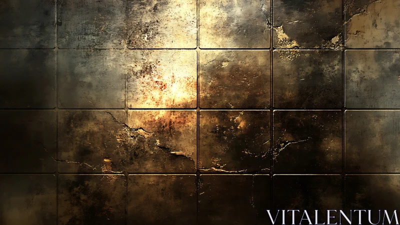 Weathered metallic wall tiles with cracked golden patina.