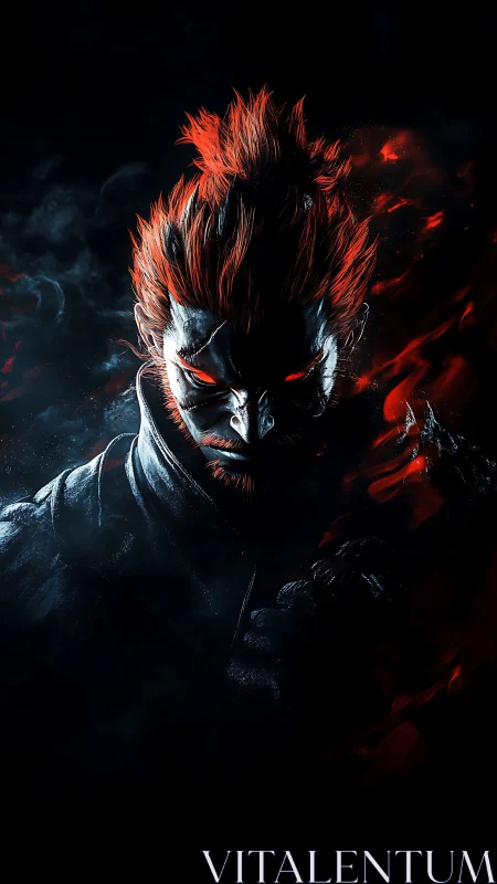 Demonic warrior portrait with high contrast rim lighting and red aura