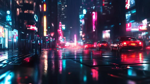 Neon city street glows softly in the rain-soaked night