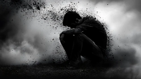 Crouched human silhouette disintegrating into particulate shadows.