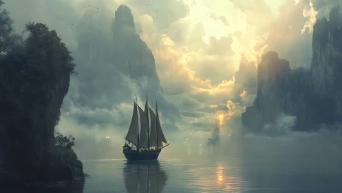Sailing vessel moves through misty fjord under diffused light