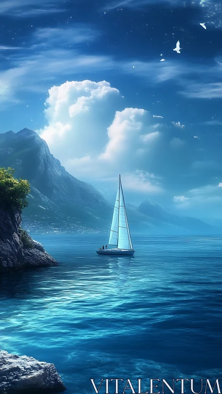 Sailboat stitches bright thread of light through azure silence