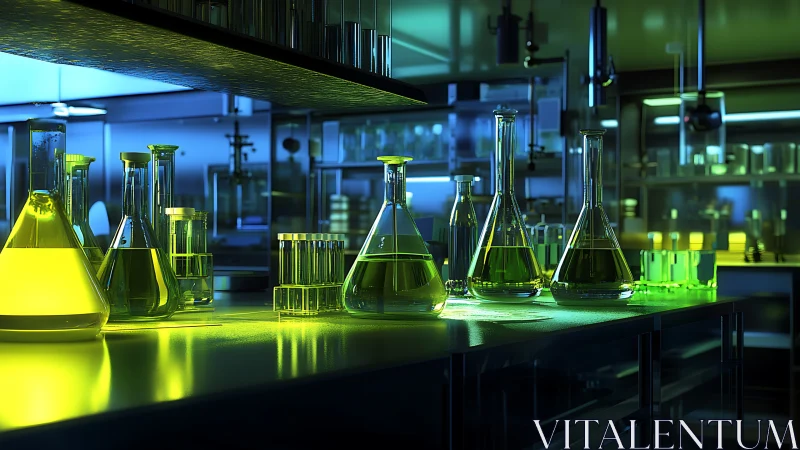 Neon lab glassware with glowing green chemical solutions.