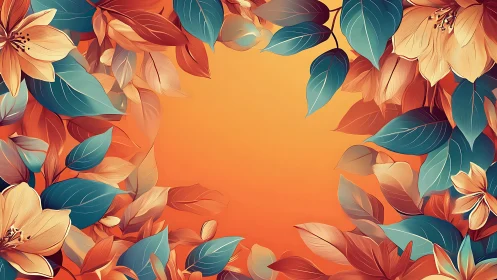 Gradient orange floral border with teal foliage digital illustration