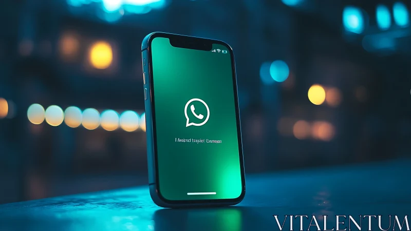 Smartphone with WhatsApp screen on reflective surface at night.