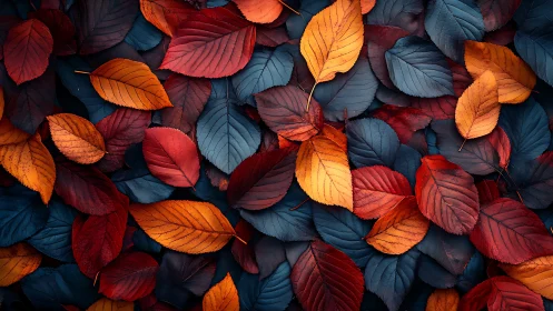 Overhead view of overlapping blue, red and orange leaves.