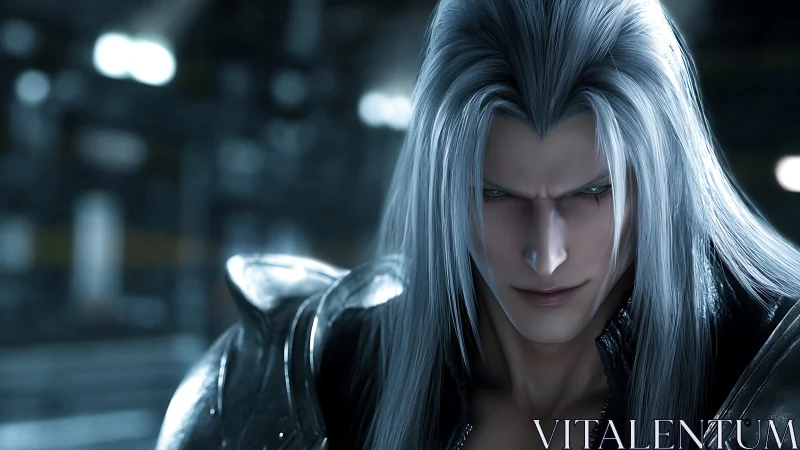 Silver haired warrior stares forward with intense expression