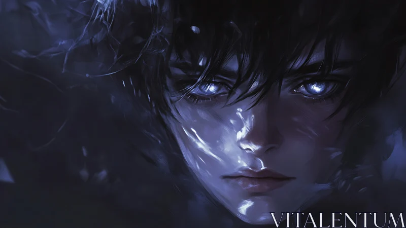 Close portrait of blue-lit digital figure with luminous eyes.