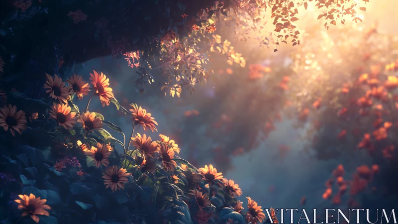 Sunlit wildflowers glow through misty enchanted forest.