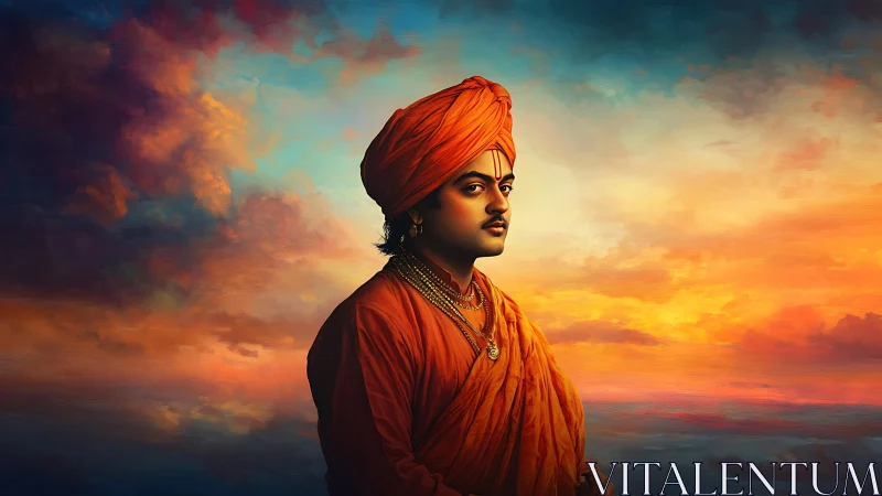 Sunset-clad mystic gazes into storm-kissed horizons.