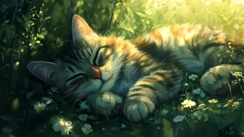Sunlit garden nap with a dreamily dozing tabby cat.