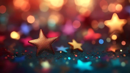 Metallic star confetti rests on glittering bokeh background