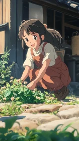 Sunlit anime girl kneels in garden, soft directional lighting study
