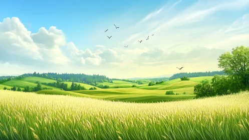 Radiant agrarian valley with stratified fields and avian motion.