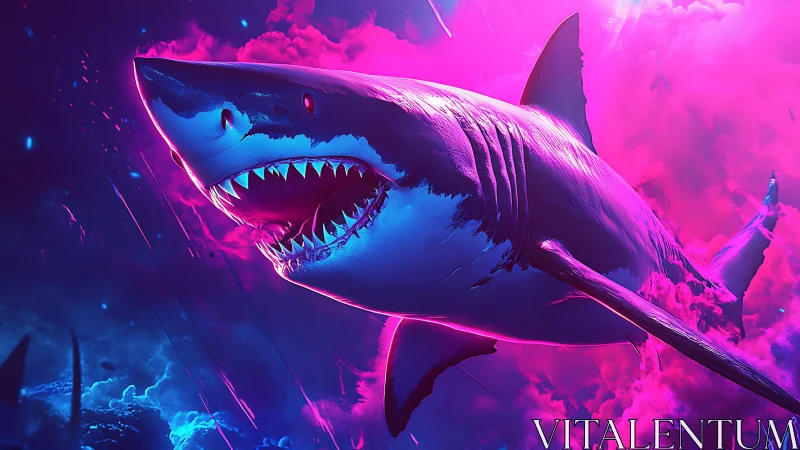 Neon cyberpunk shark charges forward through glowing clouds