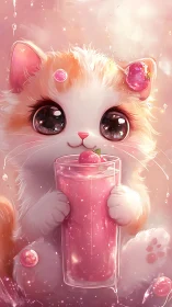 Stylized feline character holding beverage with gemstone accessories