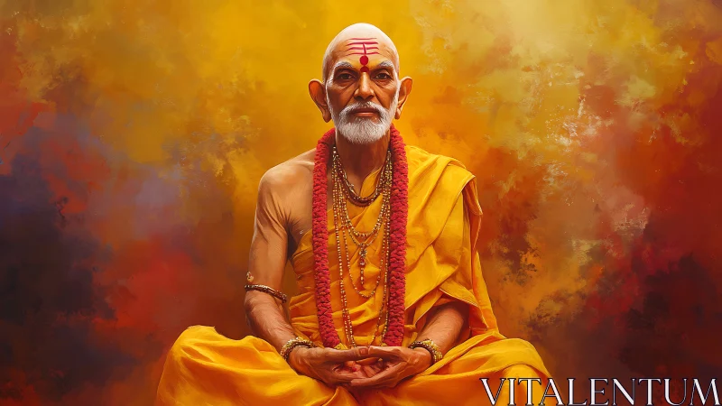 Serene orange-robed guru in meditative pose amid glowing aura.
