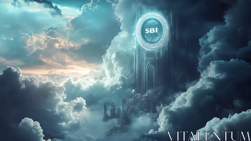 Digital painting of a celestial data citadel with SBI portal.
