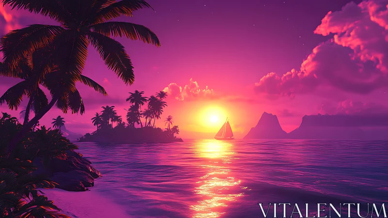 Neon sunset archipelago with silhouetted palms and sailboat panorama.