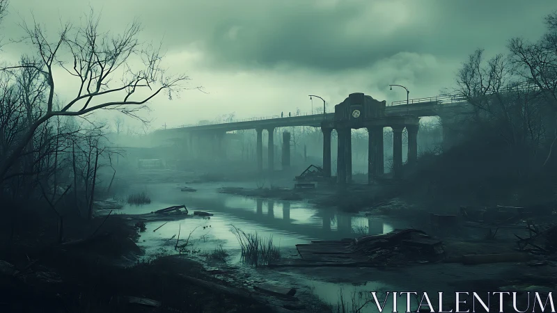 Fog-drowned bridge above a forsaken river of silent echoes.