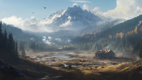 Abandoned cabin anchors misty alpine valley under snowbound peaks