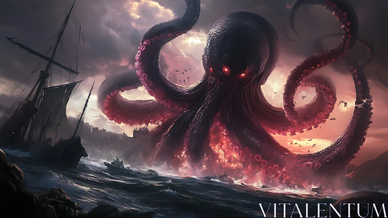 Crimson Leviathan Rises Over Stormlit Harbor of Ruin.