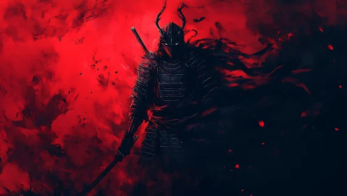 Blood-red storm crowns a shadow samurai with ghostfire eyes.