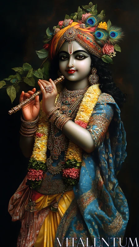 Divine flute player adorned with peacock feathers stands serenely