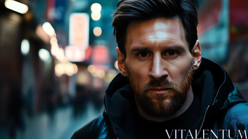 Hyperreal male portrait in shallow depth neon city street