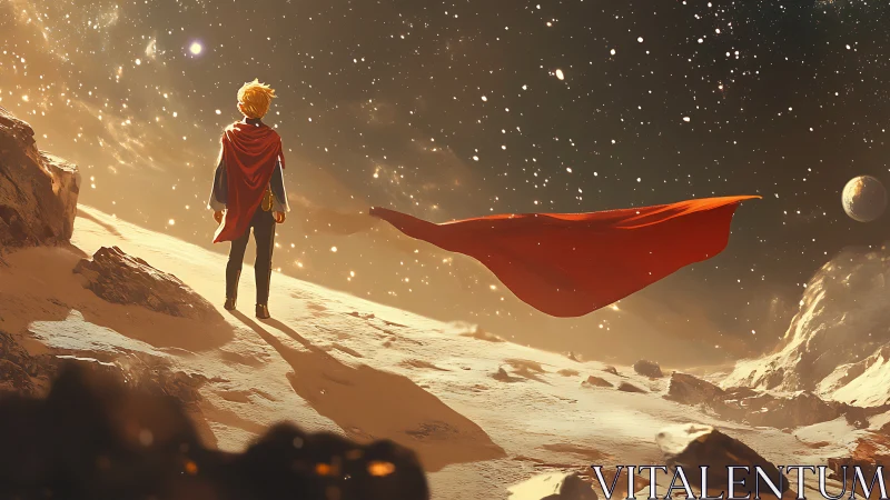 Solitary figure on illuminated desert ridge under stars.