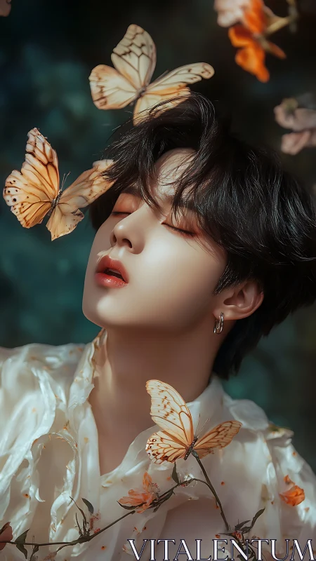 Serene youth surrounded by pale butterflies in soft light