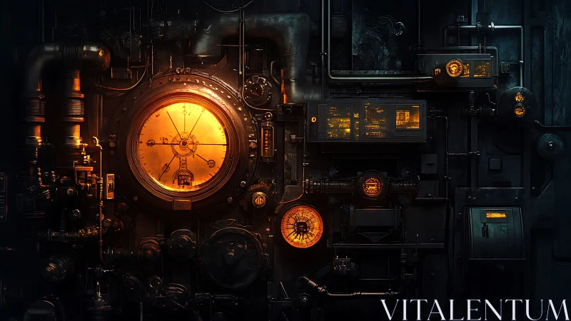 Steamclad chrono-engine glows inside an industrial night.