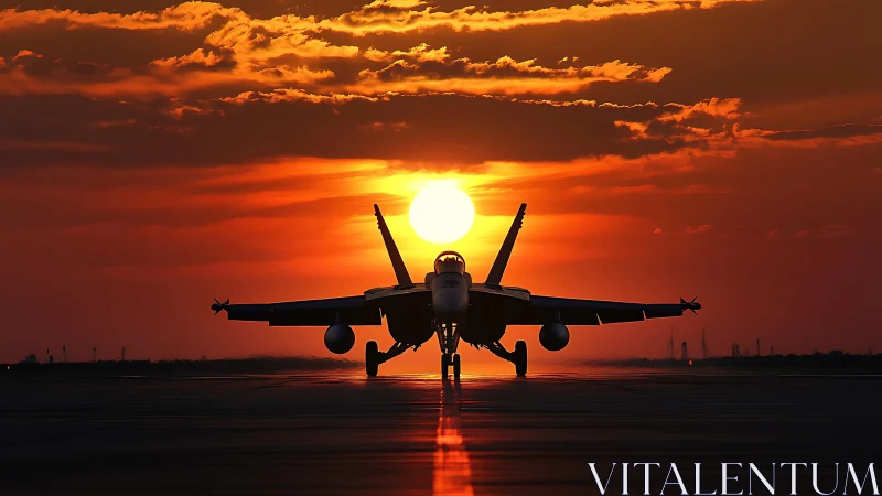 Military jet silhouette on runway against sunset sky.