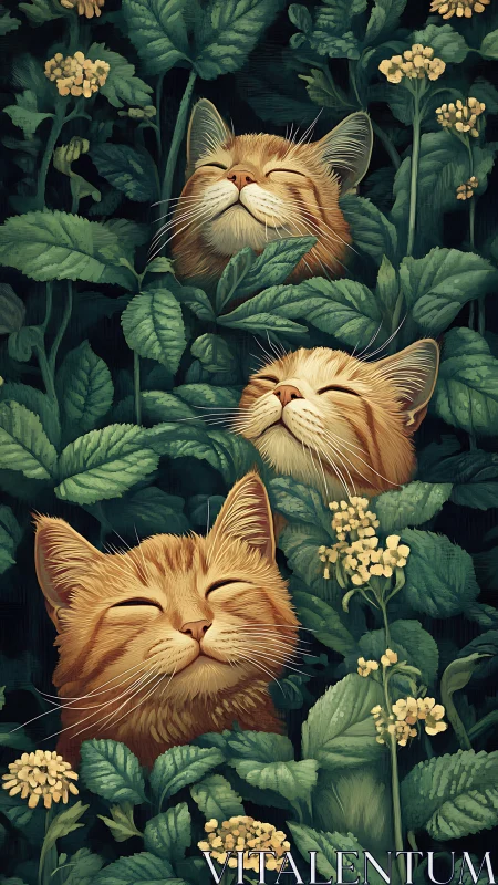 Contented Cats Among Yellow Wildflowers in Lush Garden
