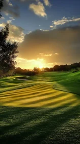 Golf course fairway under low golden sunset light.