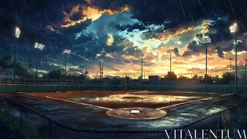 Rain-soaked baseball field glows softly under a dramatic sunset