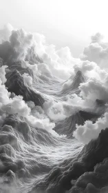 Monochrome volumetric clouds form layered mountainous structures