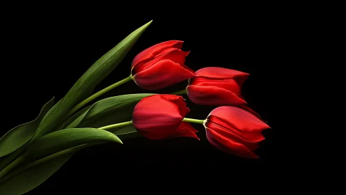Red Tulip Bouquet with Green Stems on Black Background. Studio Botanical.