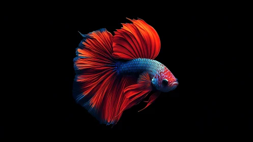 Vibrant betta fish floats elegantly in deep black void