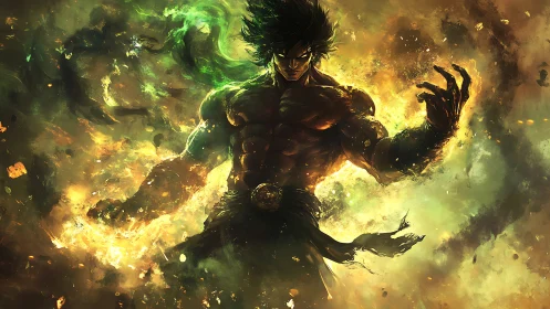 Muscular warrior amid swirling green and yellow energy field.