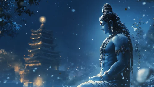 Moonlit blue deity rests in peaceful winter temple garden