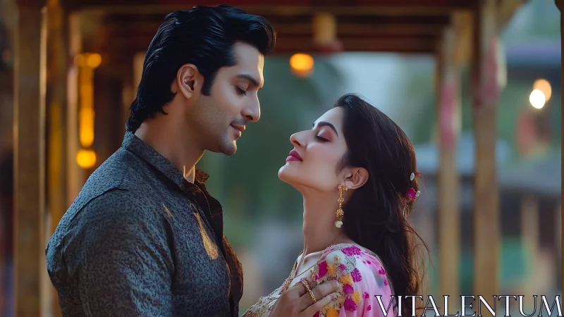 Intimate Portrait: South Asian Couple in Evening Ambiance.