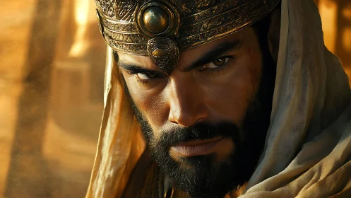 Regal desert warlord portrait under golden light.