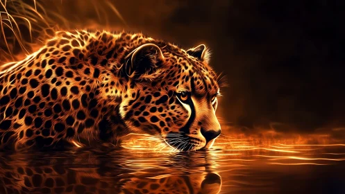 Glowing Leopard in Water: Digital Neon Portrait.