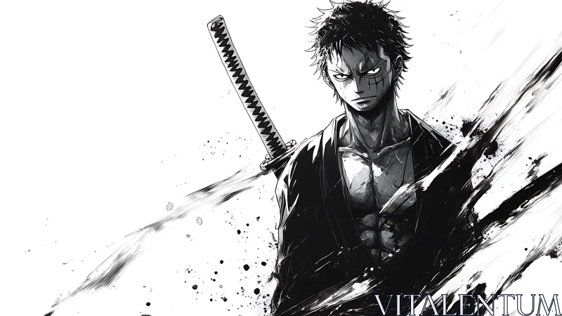 Scarred swordsman stands in stark black and white ink storm
