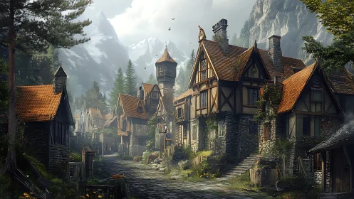 Medieval mountain village basks in quiet morning light.