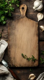 Rustic wooden cutting board framed by herbs and garlic.