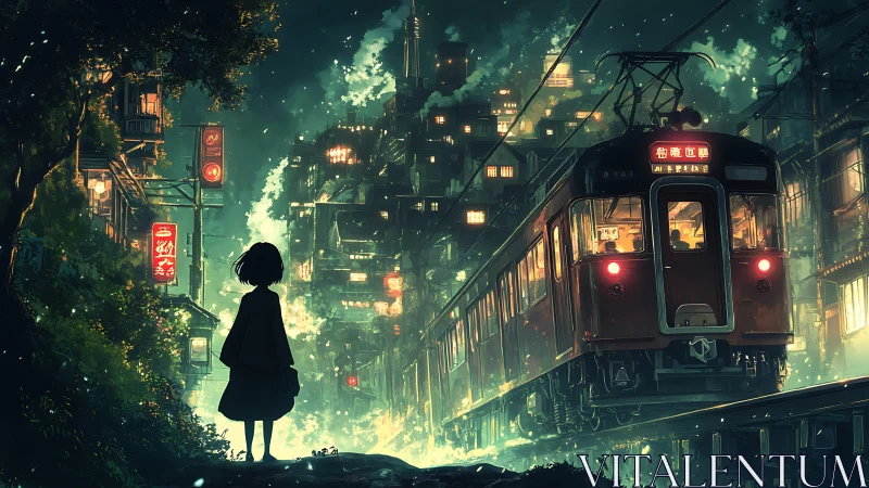 Nighttime city train welcomes a lone child into glowing mystery